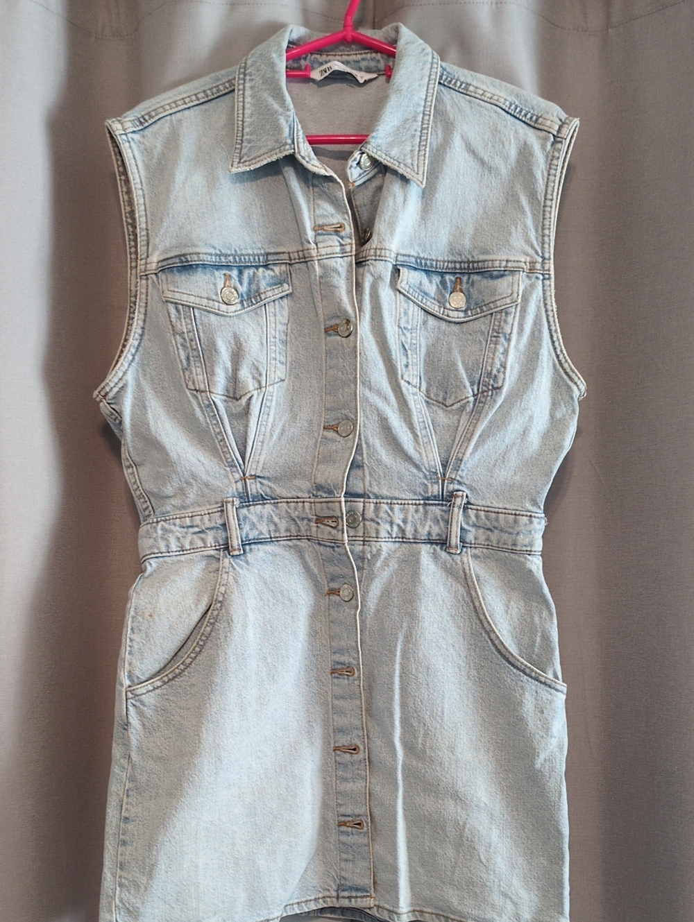 Zara Light Blue Denim Sleeveless Button-Front Dress